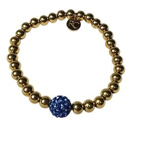 Rustic Cuff Gold Beaded Bracelet with Light Blue Crystal Accent Boho Chic w/ Bag
